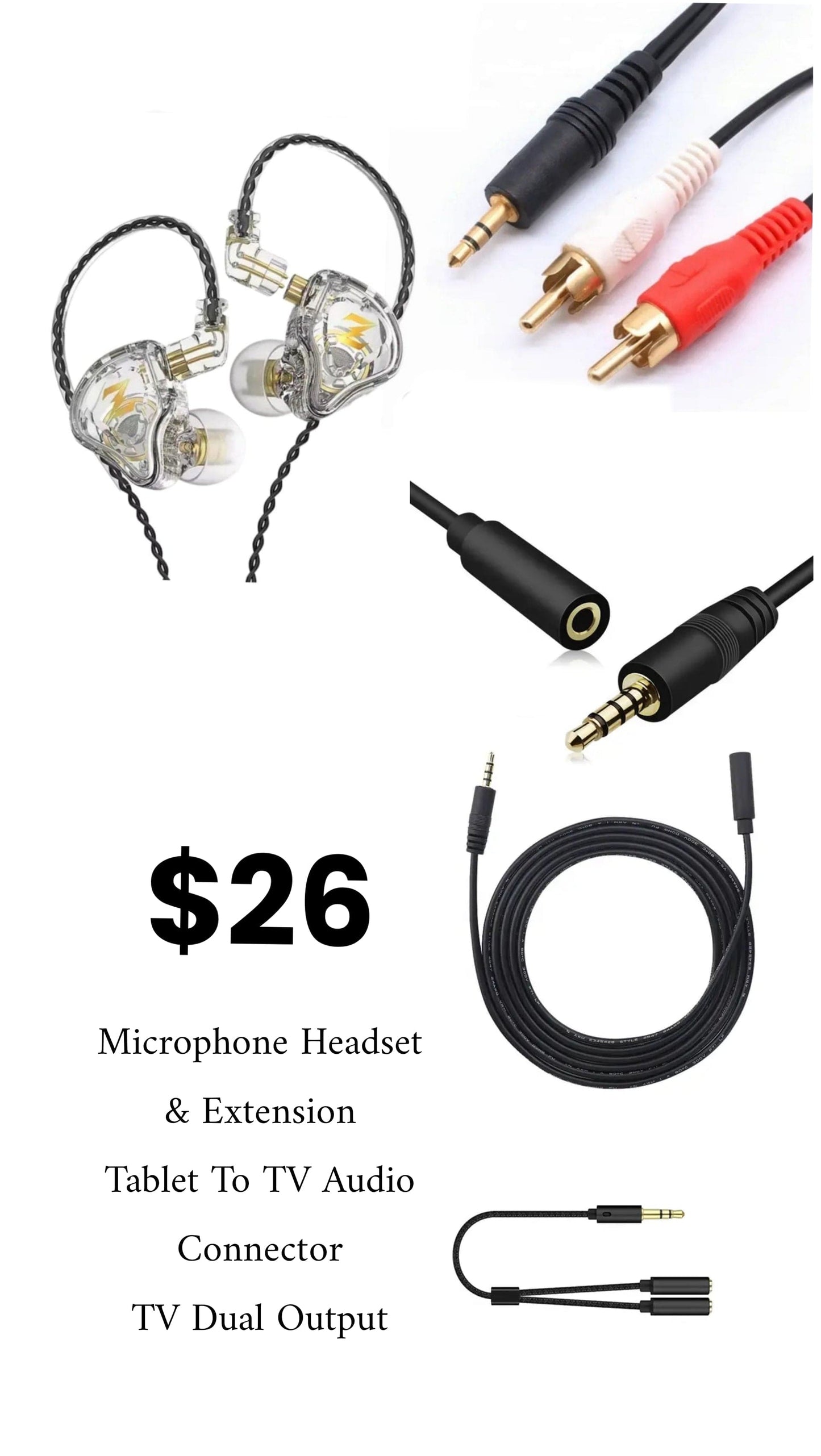 Microphones Headset & Extension Cord, Tablet To TV Audio Jacks, Dual TV Audio Output